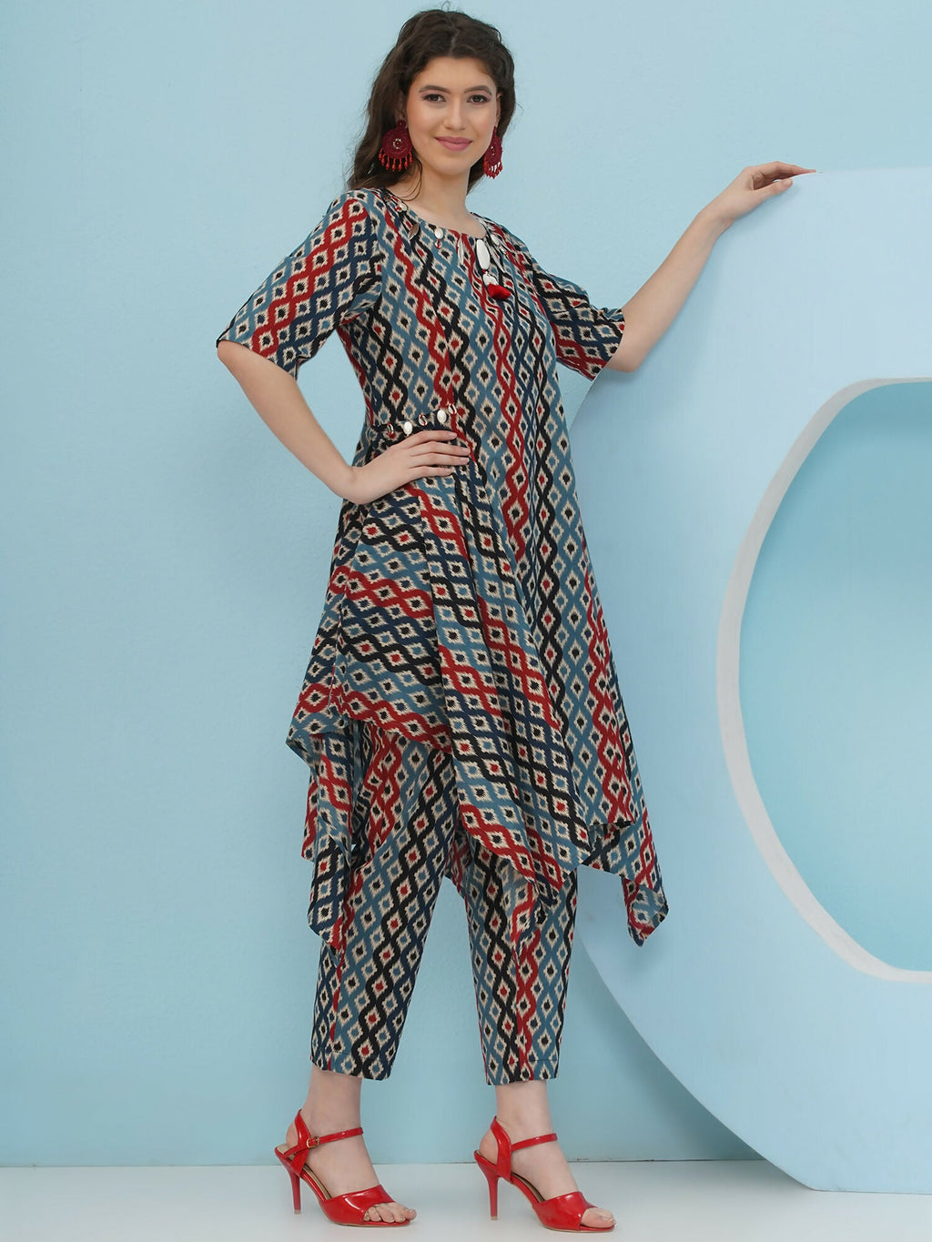 Blue Red Ikkat Printed Cotton Co-ord Set