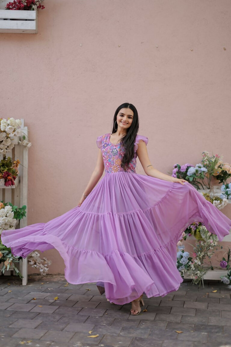 Women's Purple Floral Printed Anarkali Dress with Sequins