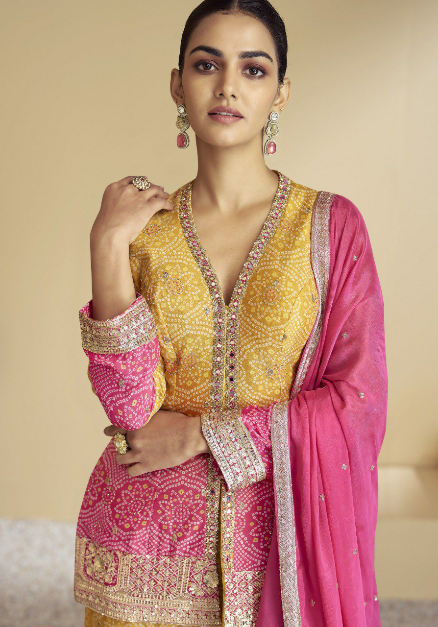 Yellow and Pink Chinon Embroidery Sequins Work Salwar Kameez