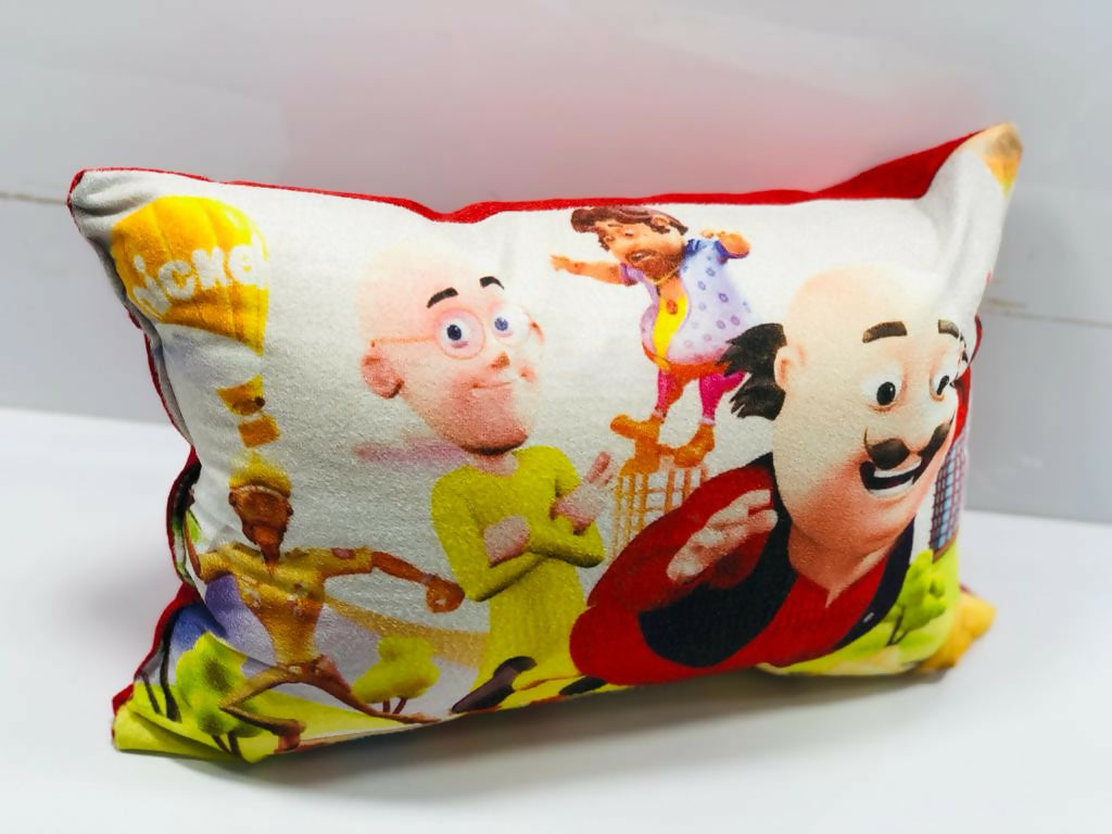 Multi-colored Motu Patlu decorative throw cushion for kids on a white background.