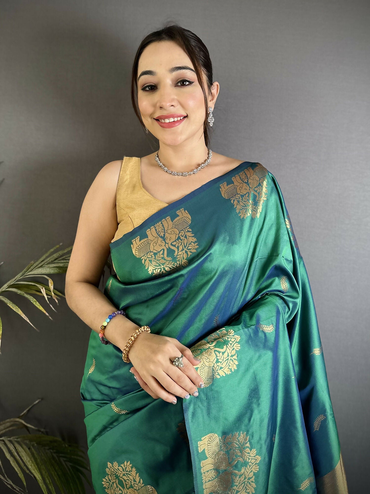 Dark Teal Soft Silk Banarasi Saree with Zari Weaving and Motifs