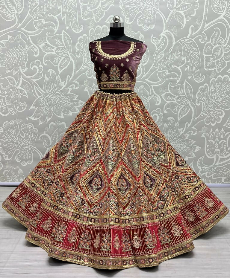 Purple Velvet Wedding Lehenga Choli with Gotta & Diamond Work