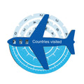 Travel Tracker 3D wooden world map in bright azure blue with white details mounted on a wall.