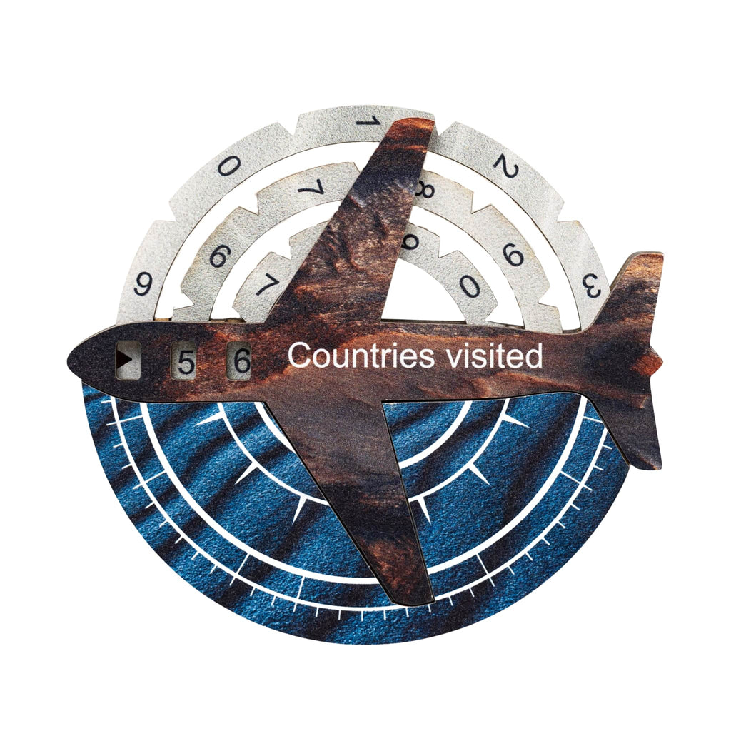 3D wooden world map in Dune color scheme with brown, blue, and silver accents on a wall