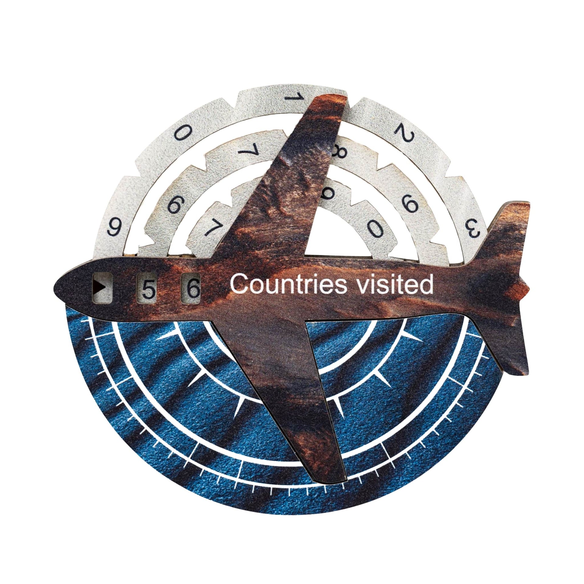 3D wooden world map in Dune color scheme with brown, blue, and silver accents on a wall