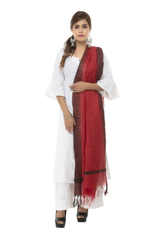 Cotton Black Temple Border Dupatta with Maroon Accents