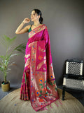 Dark Pink soft silk Paithani saree with zari floral motifs and matching blouse