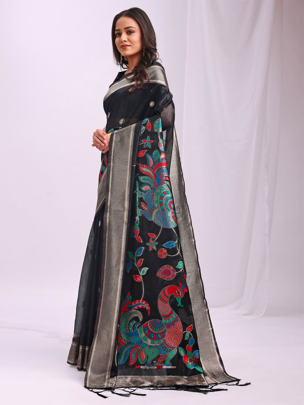 Black Linen Cotton Saree with Matching Blouse Piece