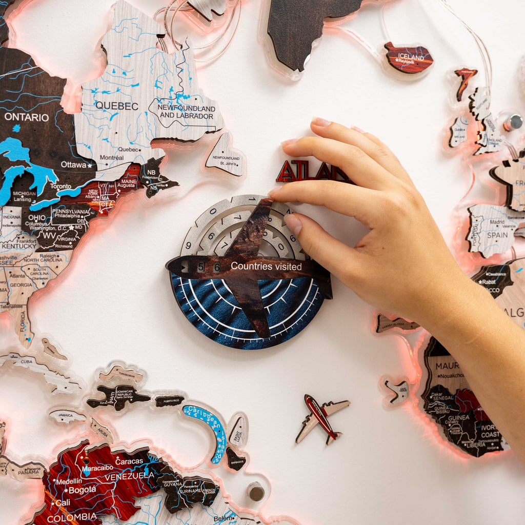 3D Colored Wooden World Map Travel Tracker - Dune Edition