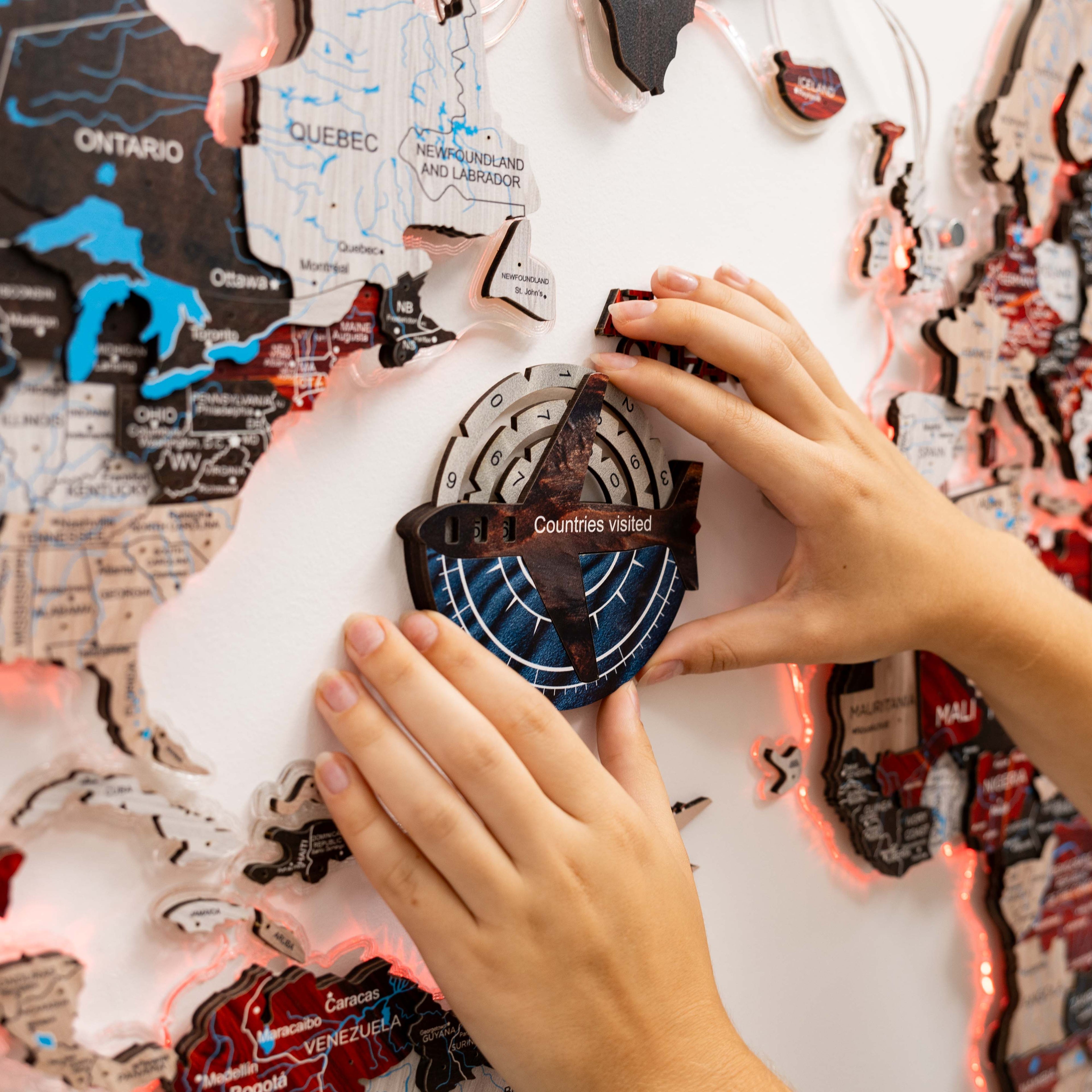 3D Colored Wooden World Map Travel Tracker - Dune Edition