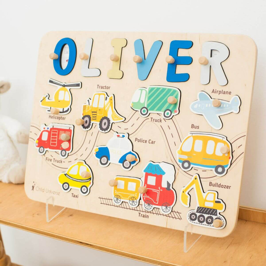 Personalized Wooden Vehicles Name Puzzle Board for Toddlers