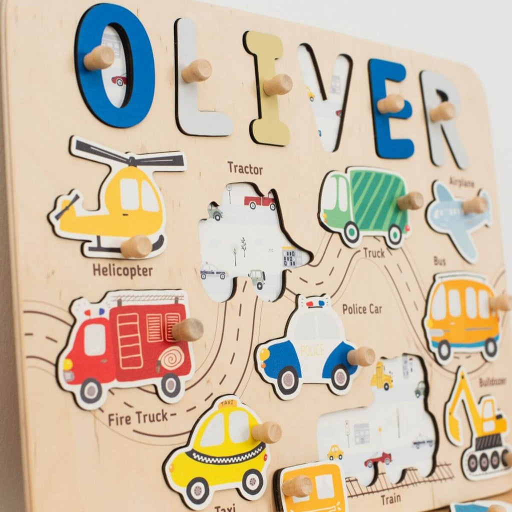 Personalized Wooden Vehicles Name Puzzle Board for Toddlers