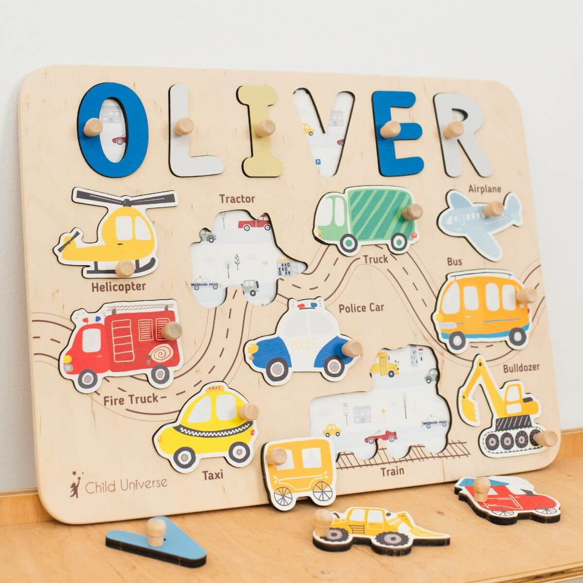 Personalized Wooden Vehicles Name Puzzle Board for Toddlers
