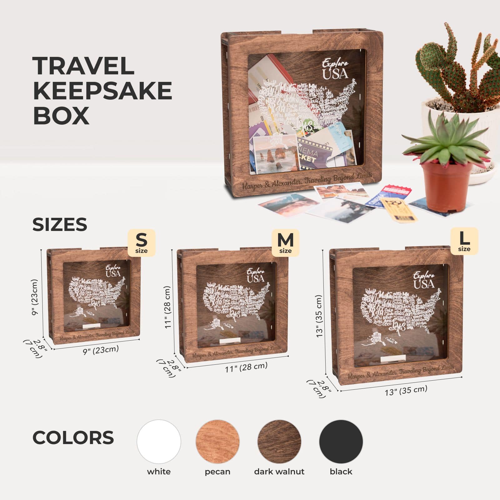 USA Travel Memory Box - Dark Walnut Wooden Keepsake Storage