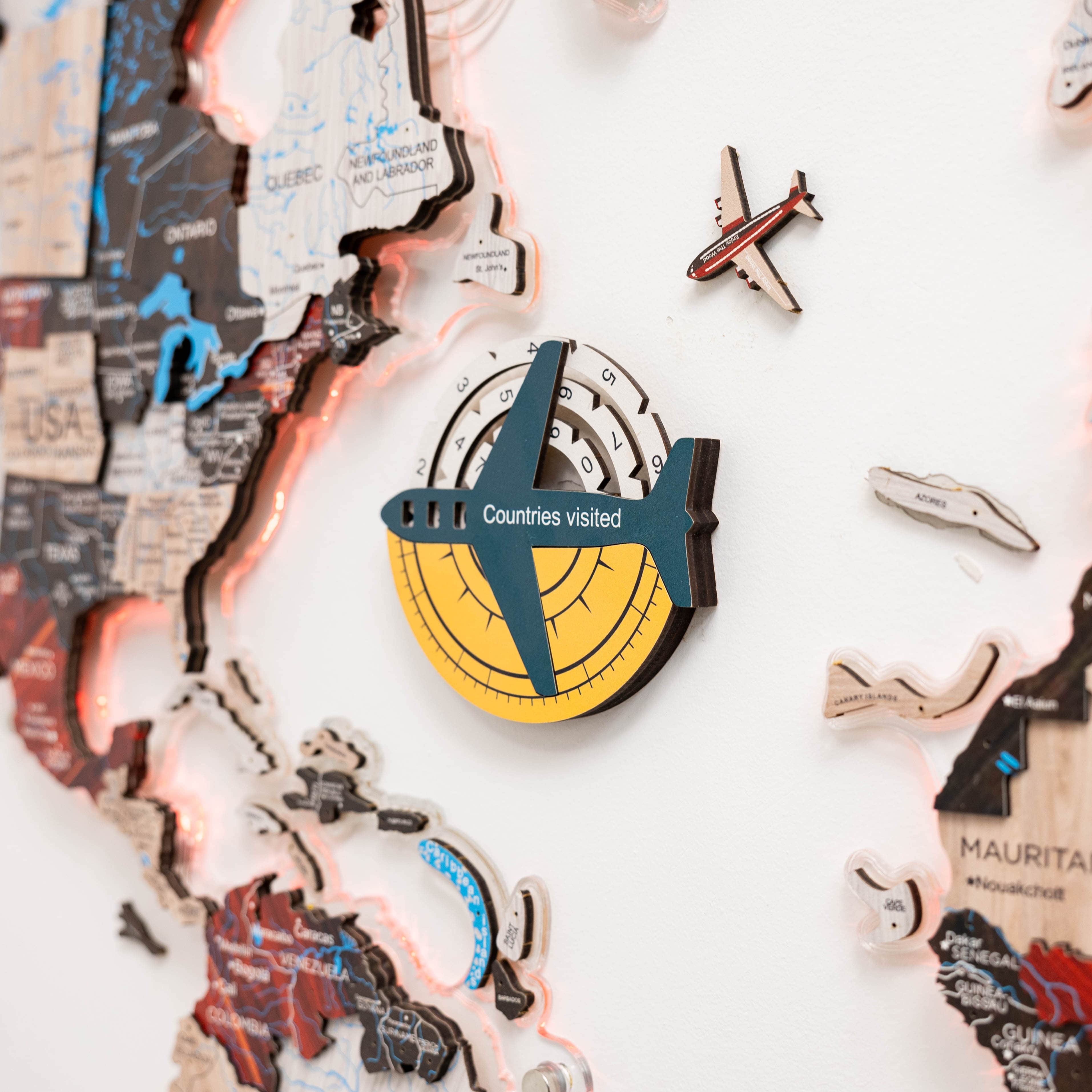 3D Wooden World Map Wall Art - Travel Tracker Country Map