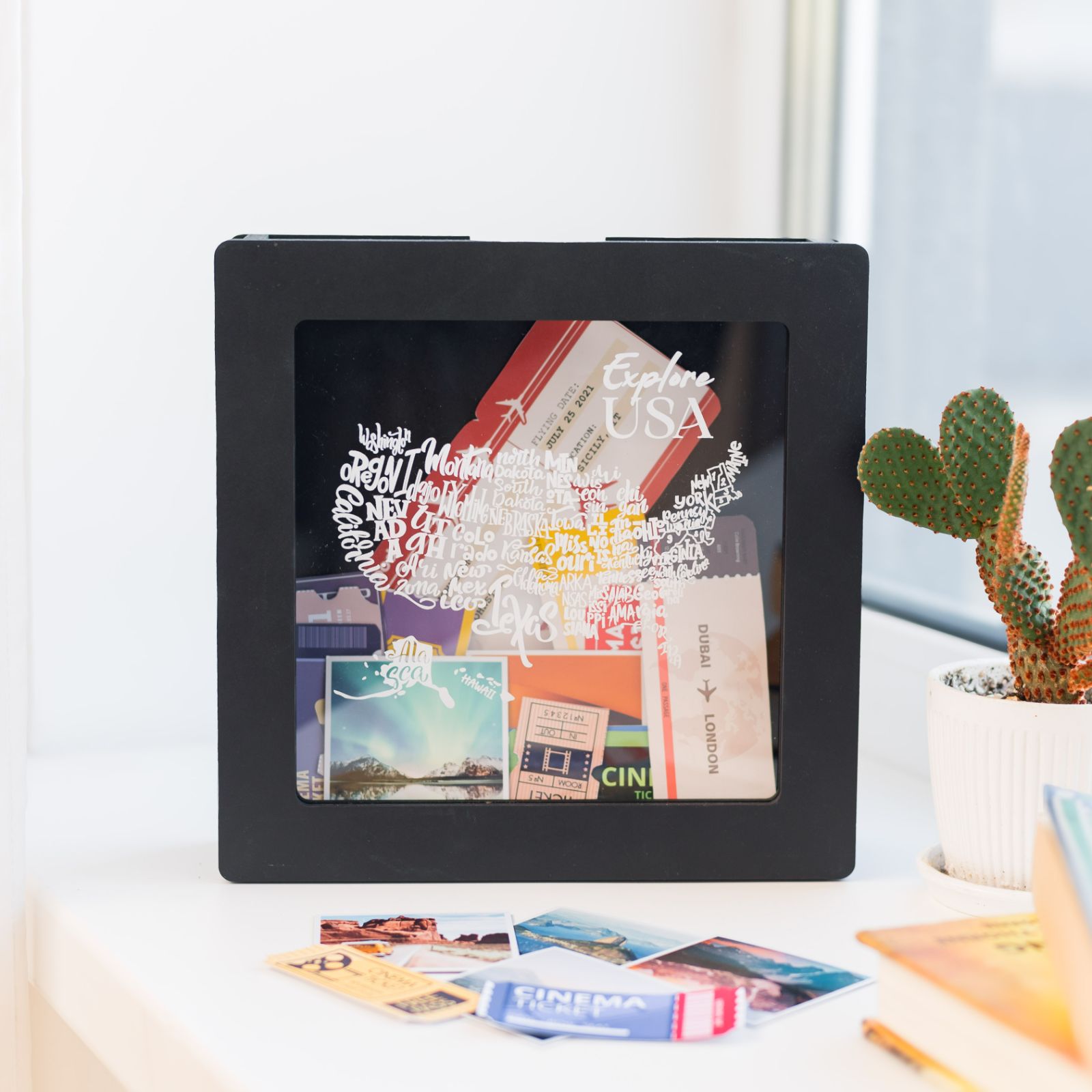 USA Travel Memory Box - Dark Walnut Wooden Keepsake Storage