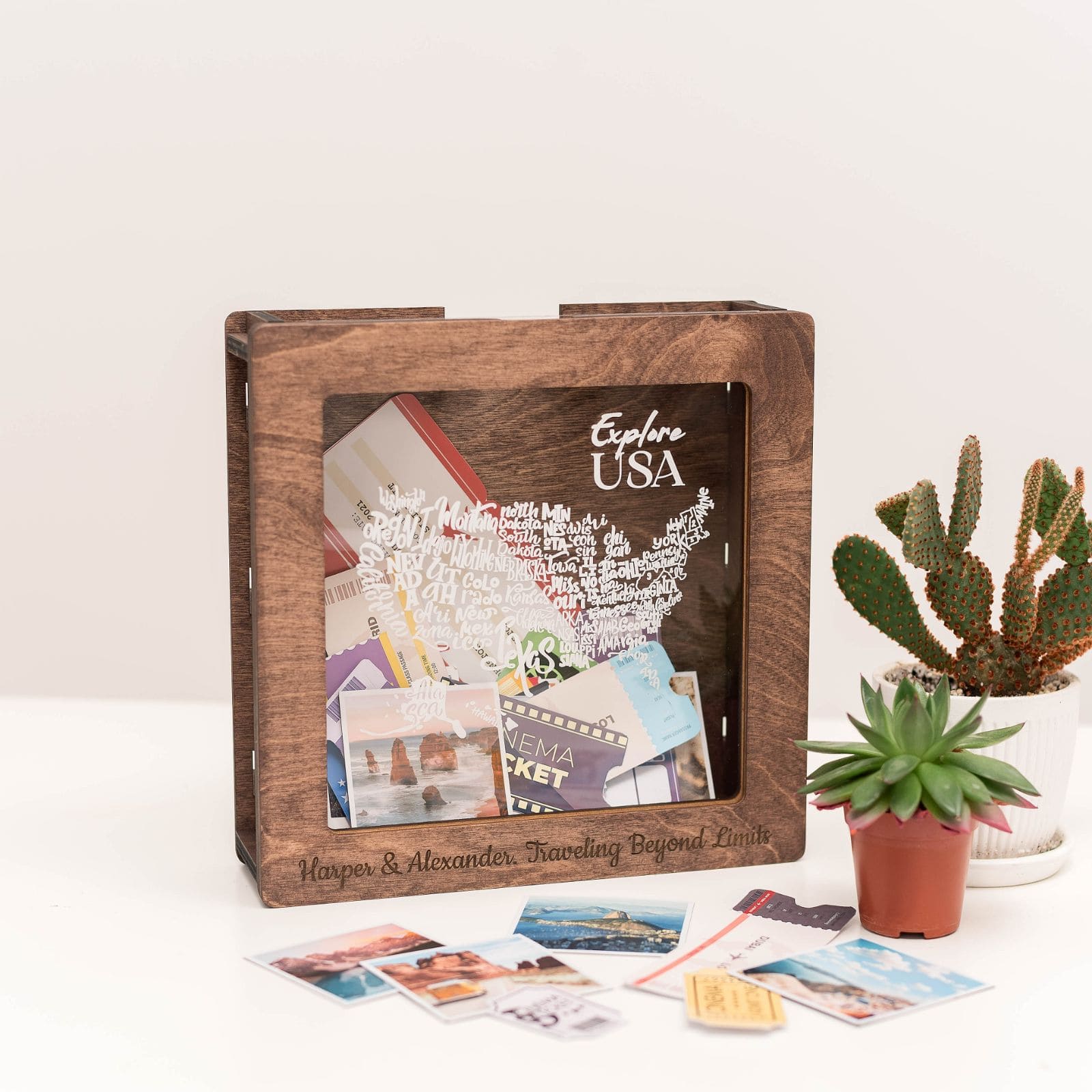 USA Travel Memory Box - Dark Walnut Wooden Keepsake Storage