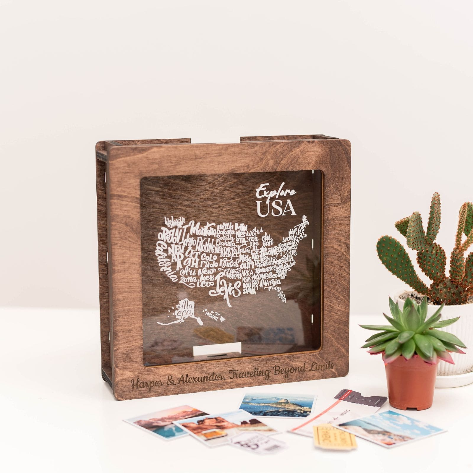 Dark Walnut wooden travel memory box for vacation keepsakes and souvenirs