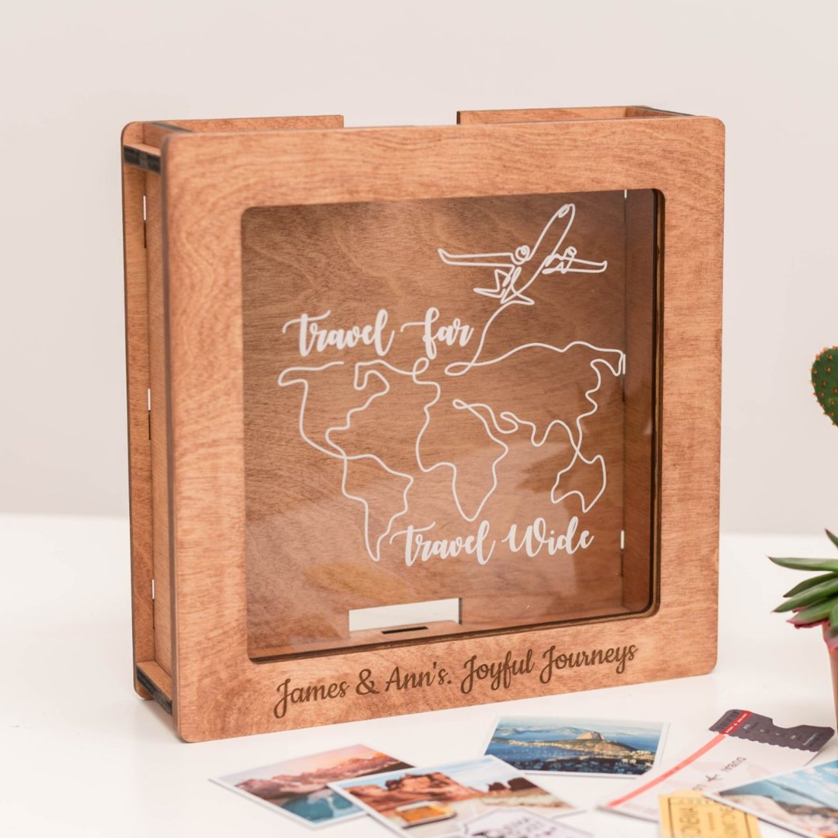 Rich Pecan finish wooden travel memory box for organizing vacation souvenirs