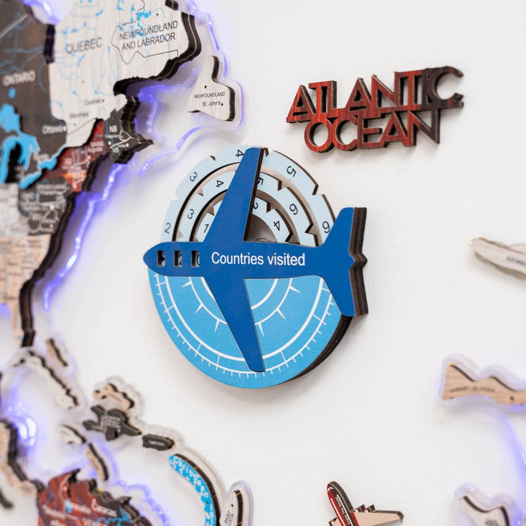 3D Wooden World Map Wall Art - Azure Travel Tracker Map 10x10