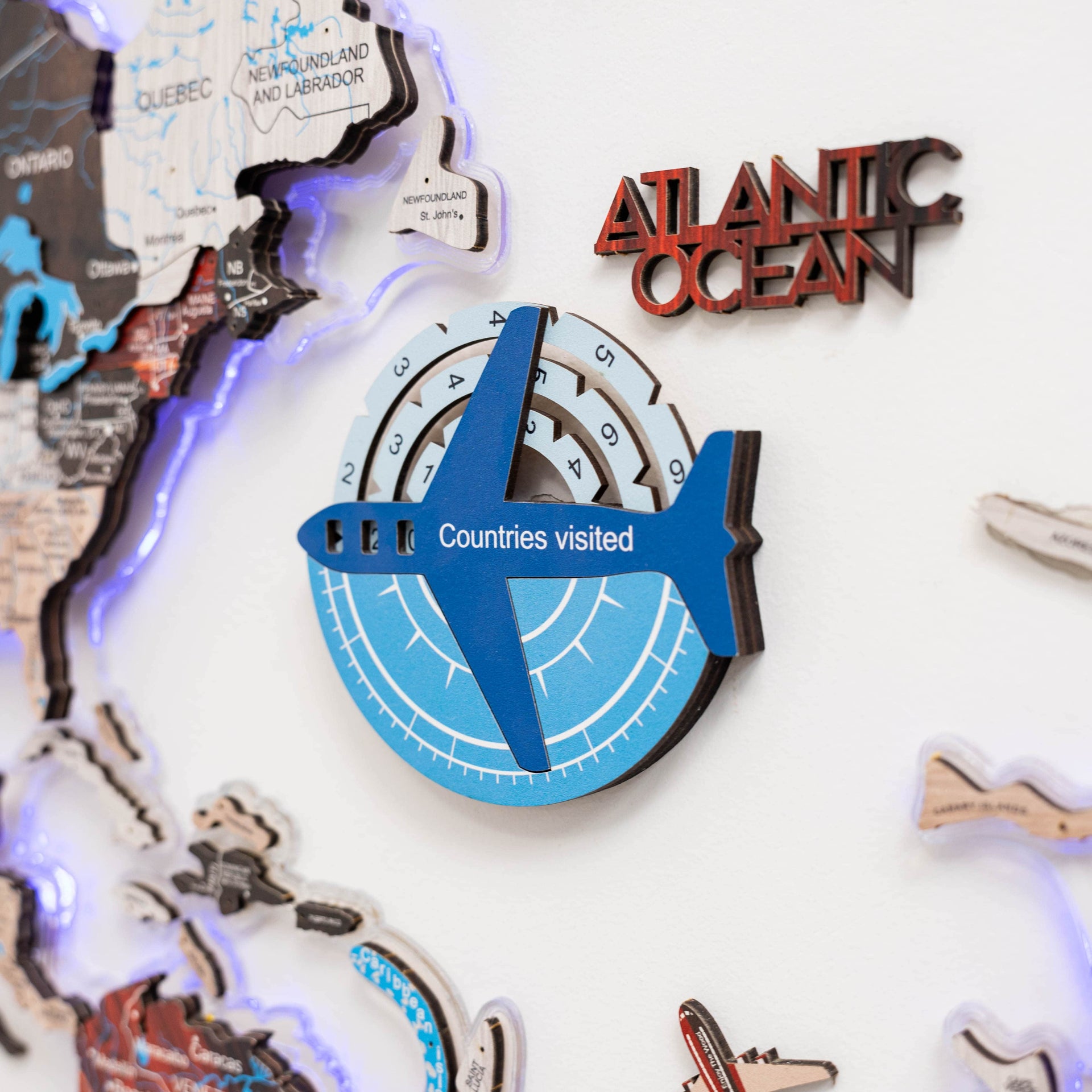 3D Wooden World Map Wall Art - Azure Travel Tracker Map 10x10