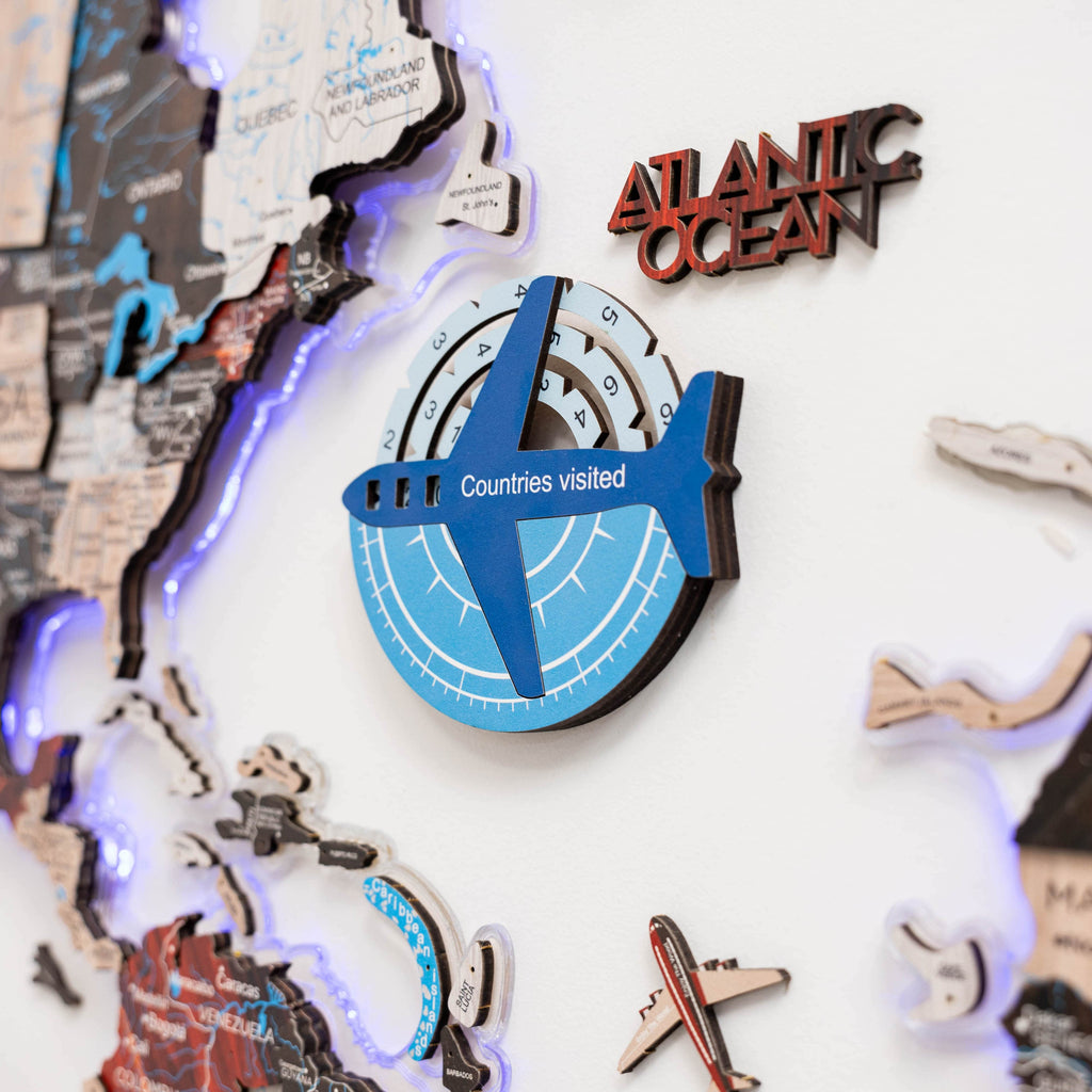 3D Wooden World Map Wall Art - Azure Travel Tracker Map 10x10