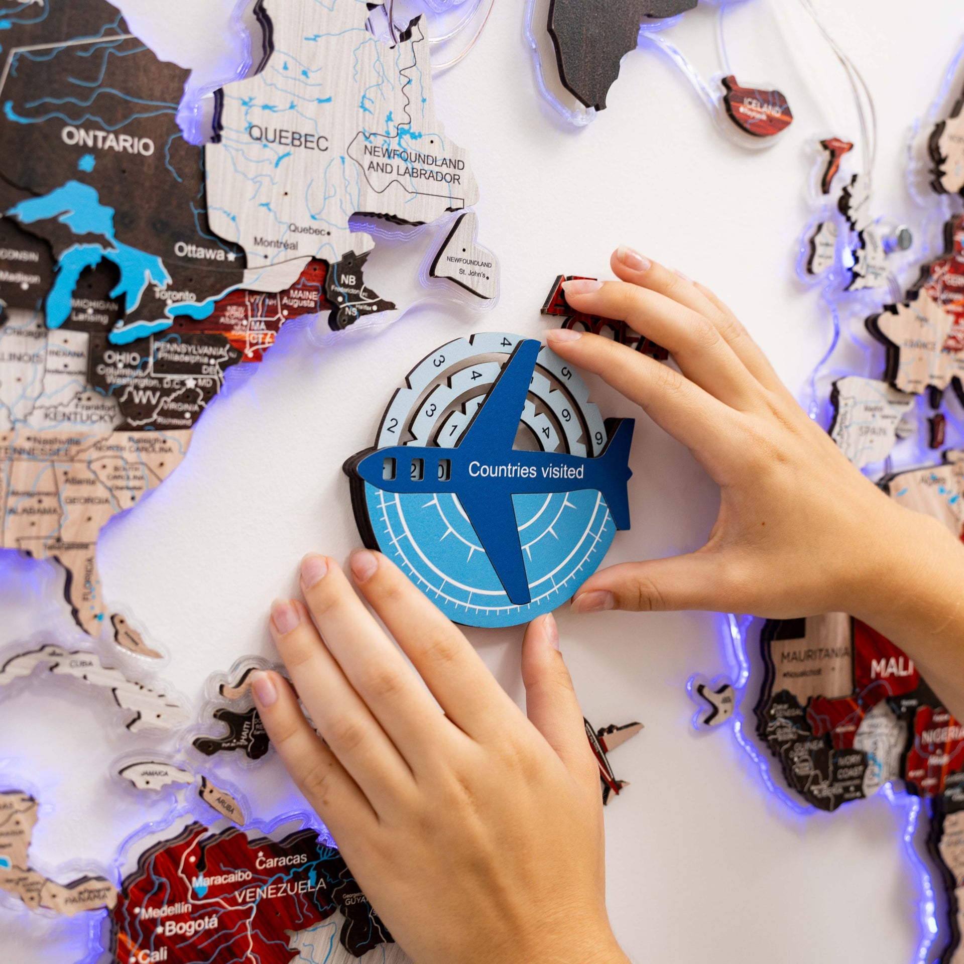 3D Wooden World Map Wall Art - Azure Travel Tracker Map 10x10