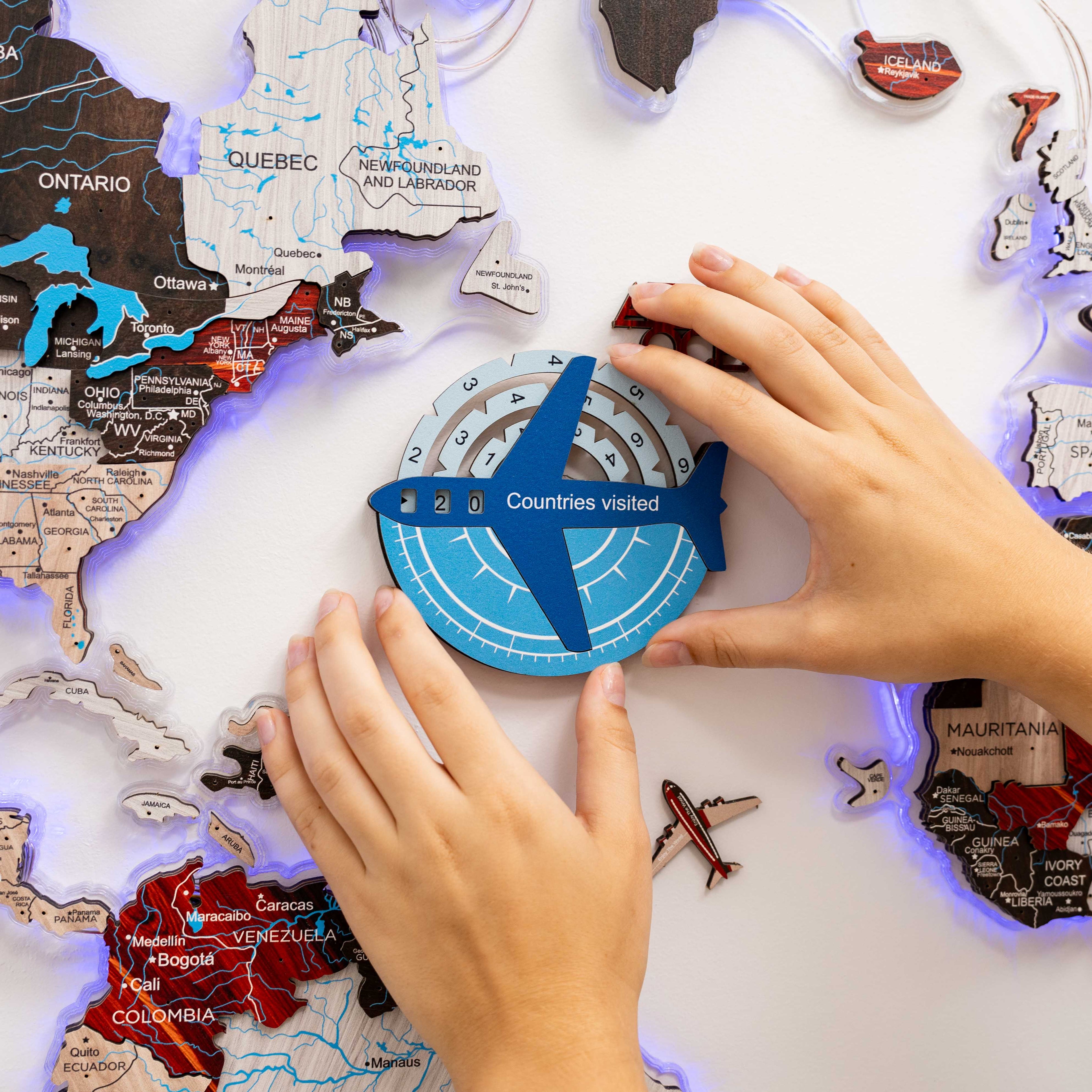 3D Wooden World Map Wall Art - Azure Travel Tracker Map 10x10