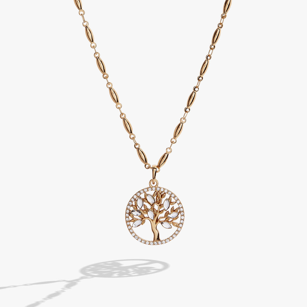 Faith and Family Tree of Life pendant featuring crystal accents on an expandable chain.