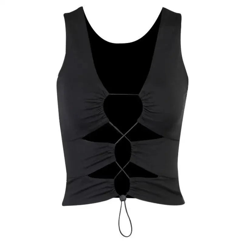 Y2K Hollow Out Lace-Up Patchwork Crop Tank Top for Women