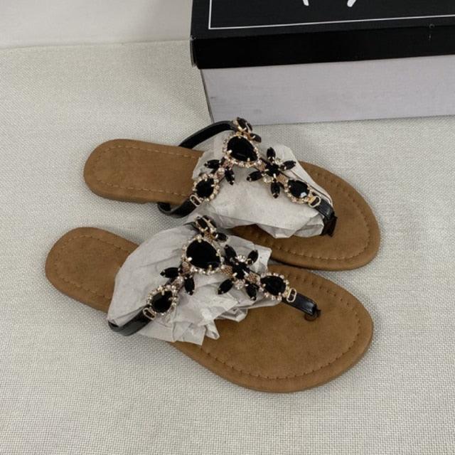 Women's Crystal Rhinestone Flat Sandals with Back Strap Comfort