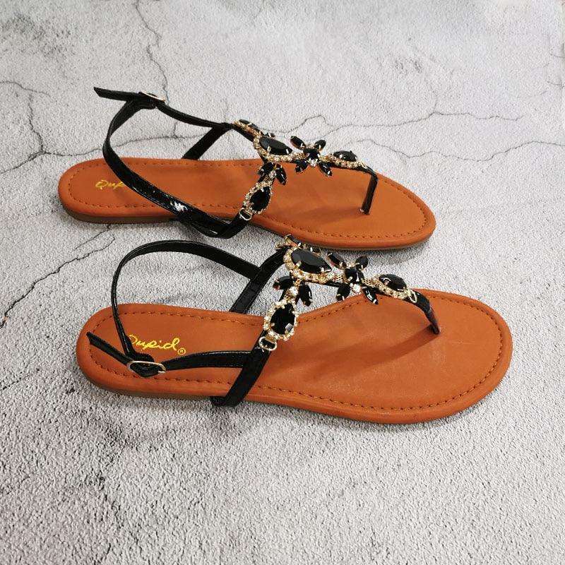 Women's Crystal Rhinestone Flat Sandals with Back Strap Comfort