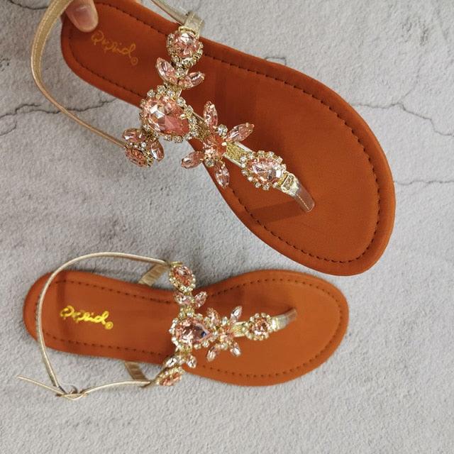 Women's Crystal Rhinestone Flat Sandals with Back Strap Comfort
