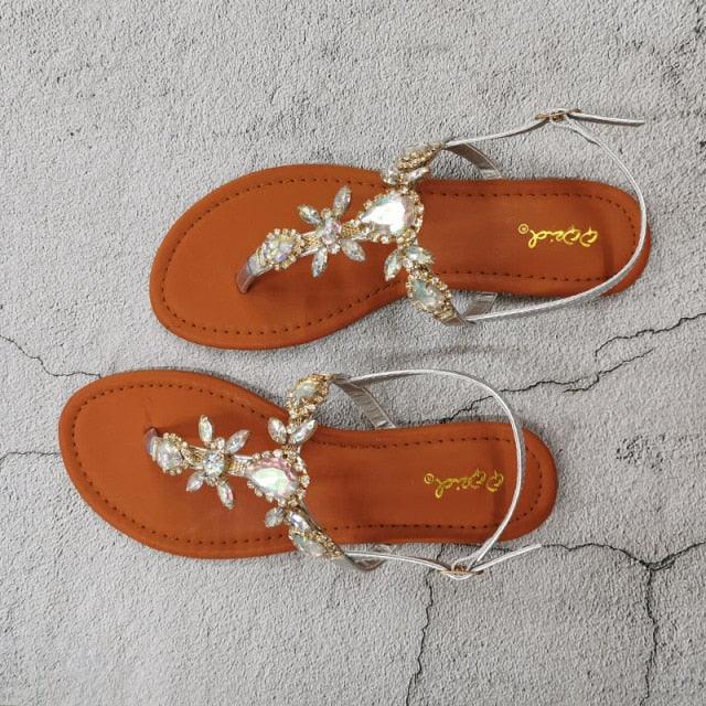 Women's Crystal Rhinestone Flat Sandals with Back Strap Comfort