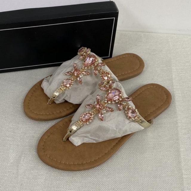 Women's Crystal Rhinestone Flat Sandals with Back Strap Comfort