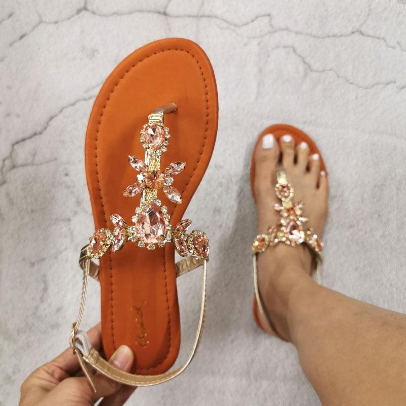 Women's trendy flat sandals with rhinestone crystal detailing and back strap closure