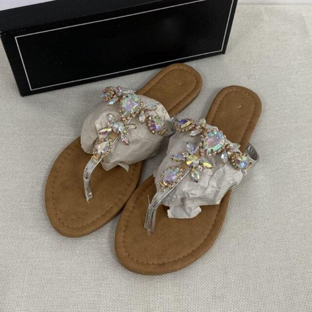 Women's Crystal Rhinestone Flat Sandals with Back Strap Comfort