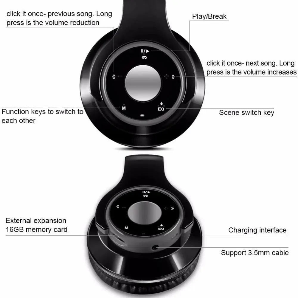 Bluetooth Foldable Headset with FM Radio, TF Card Slot & Mic