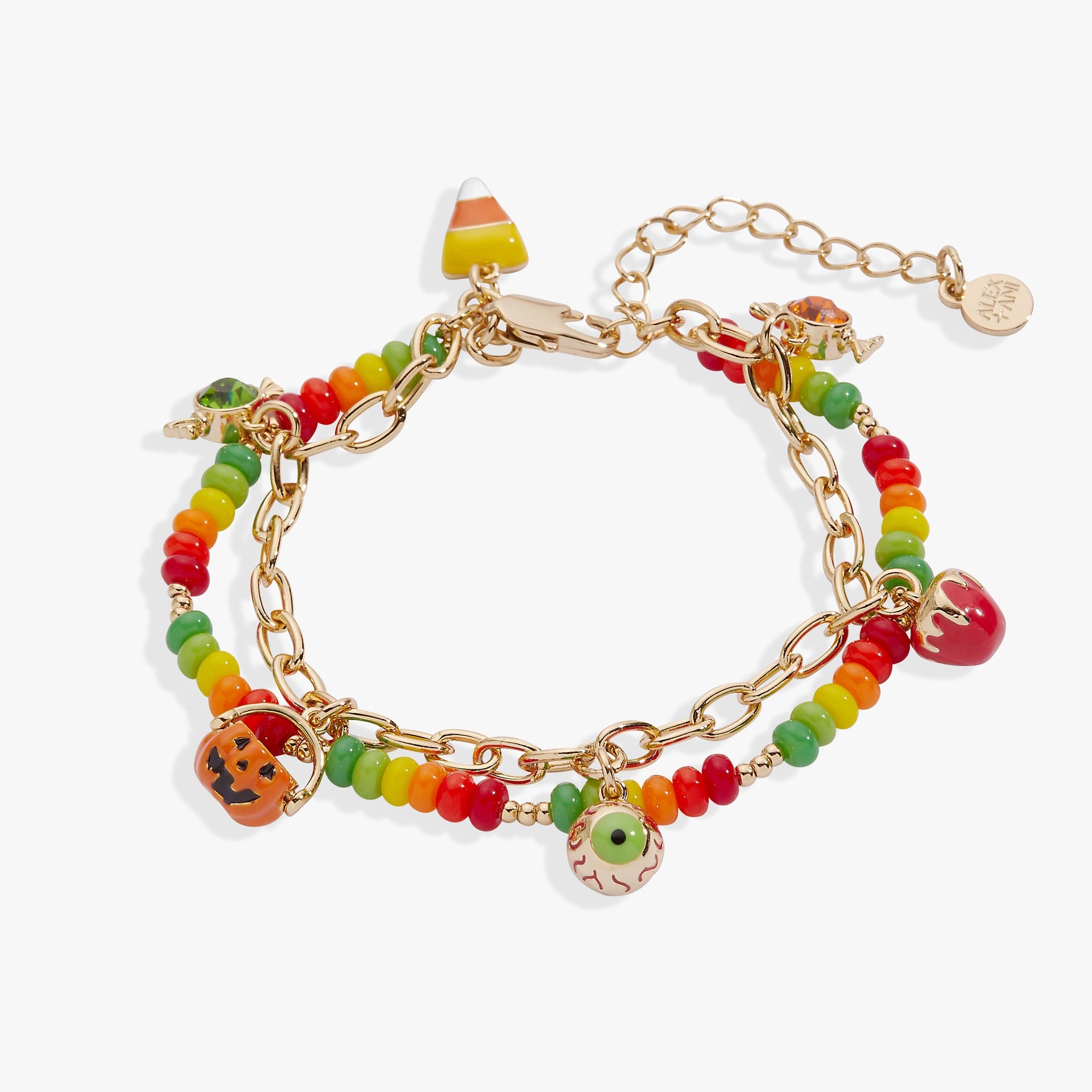 Trick or Treat charm bracelet featuring colorful jack-o’-lantern and candy charms with gold-tone accents.