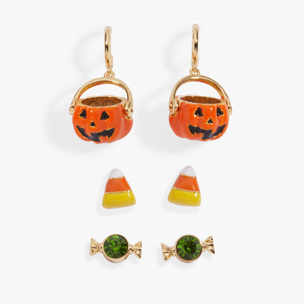 Set of three Halloween themed earrings including candy corn, Jack-o'-lanterns, and crystal-accented candy studs in gold-tone.