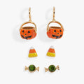 Set of three Halloween themed earrings including candy corn, Jack-o'-lanterns, and crystal-accented candy studs in gold-tone.