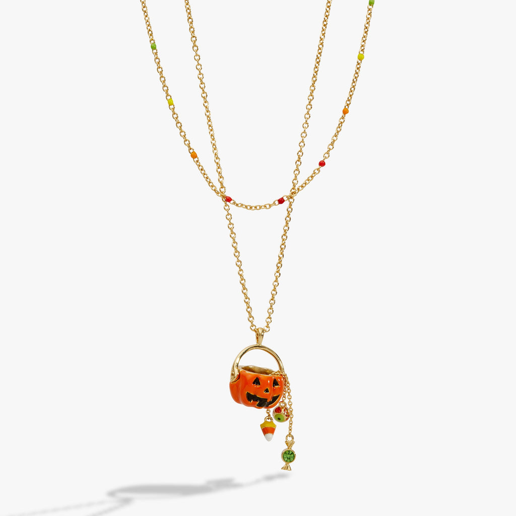 Two-strand gold layered necklace with Jack 'o' Lantern, candy, and eyeball charms.