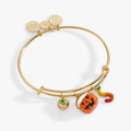 Alex and Ani Trick or Treat gold-tone bangle with enamel jack-o'-lantern, eyeball, and gummy worm charms.