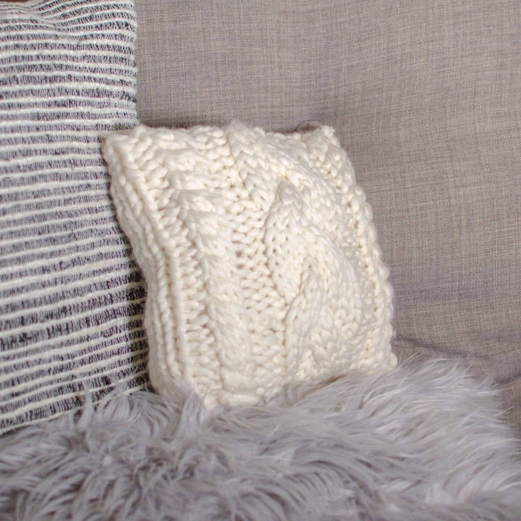 Triple Cable Knit Throw Pillow in Off-White, Small Square