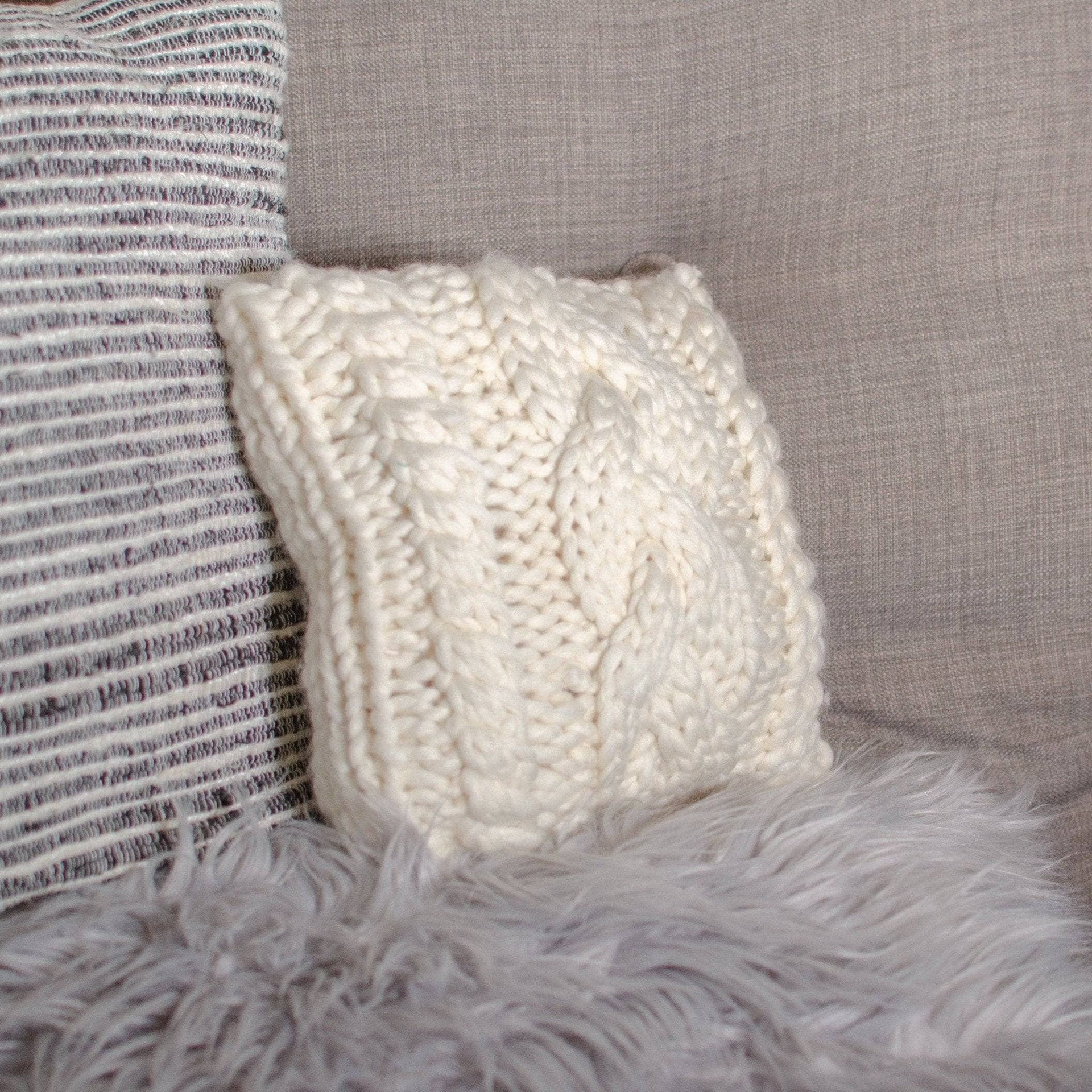 Triple Cable Knit Throw Pillow in Off-White, Small Square