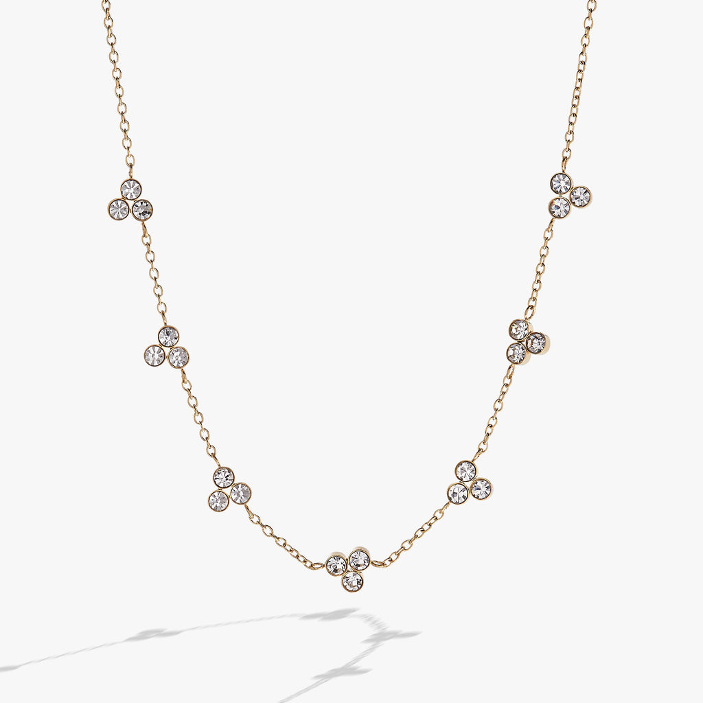 Triple Stone Crystal Inline Necklace featuring three shimmering crystals on an adjustable delicate chain