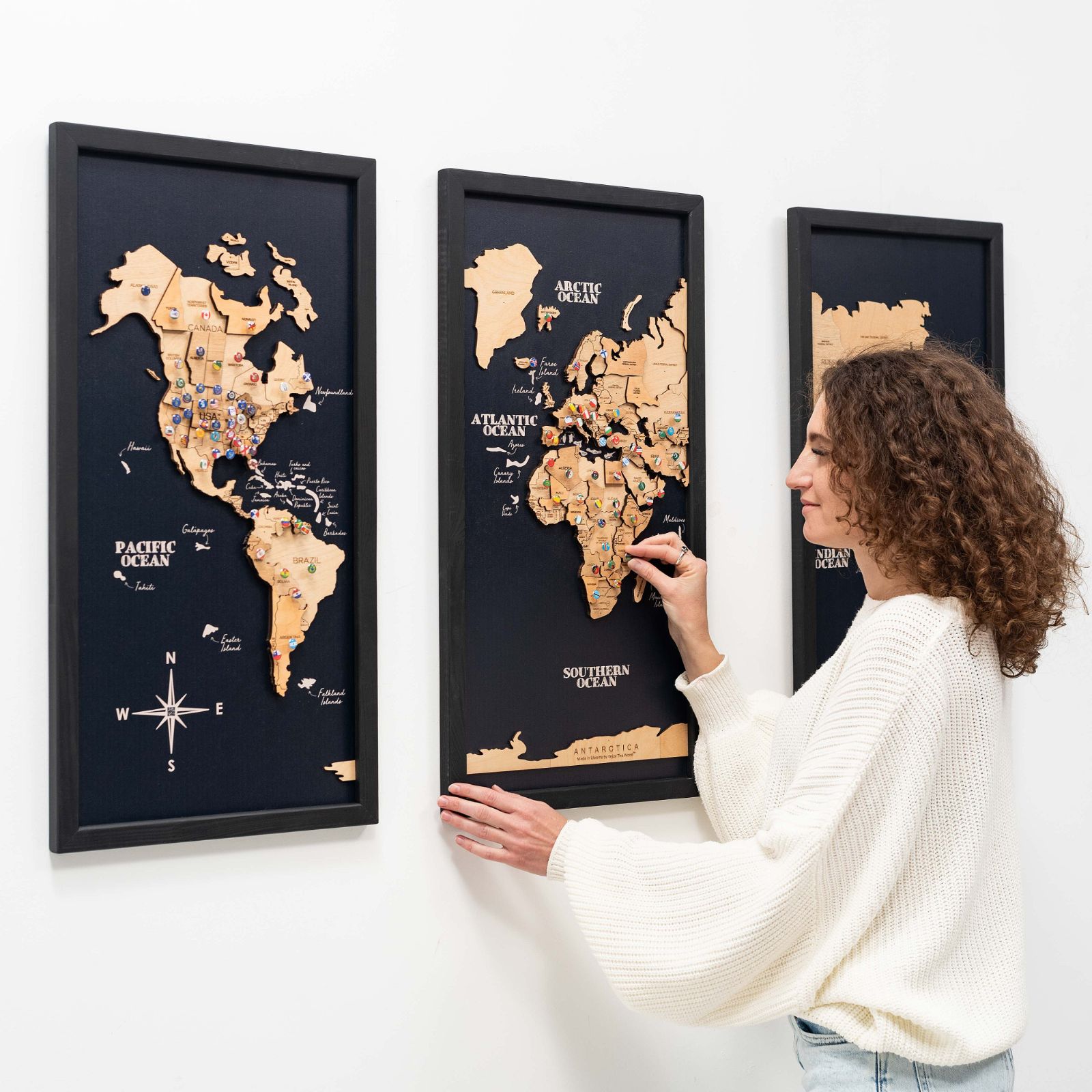 3D Wooden Triptych World Map Gold Wall Art Decor