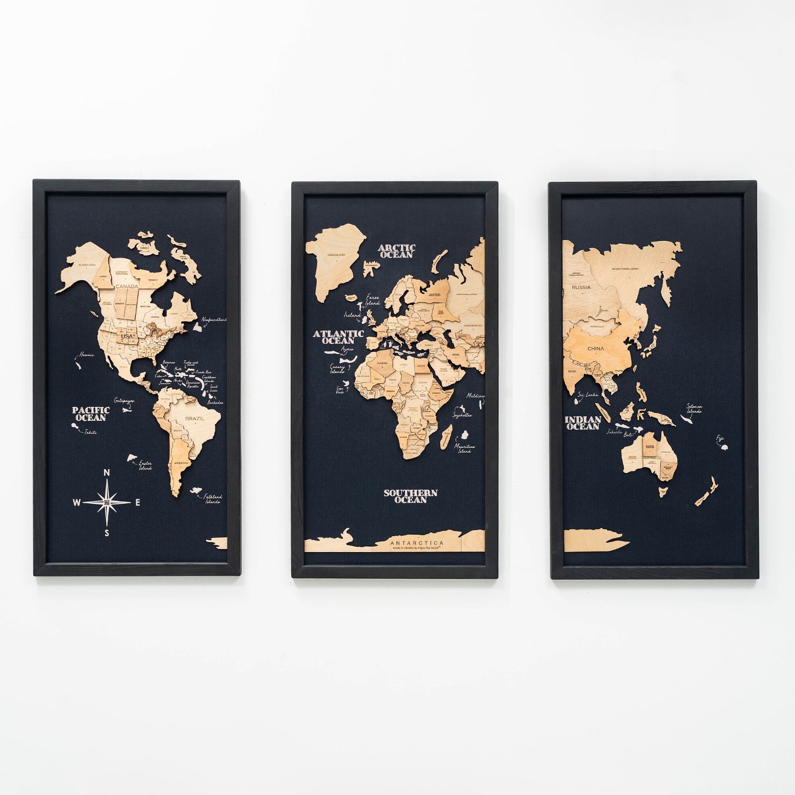 3D Wooden Triptych World Map Gold Wall Art Decor
