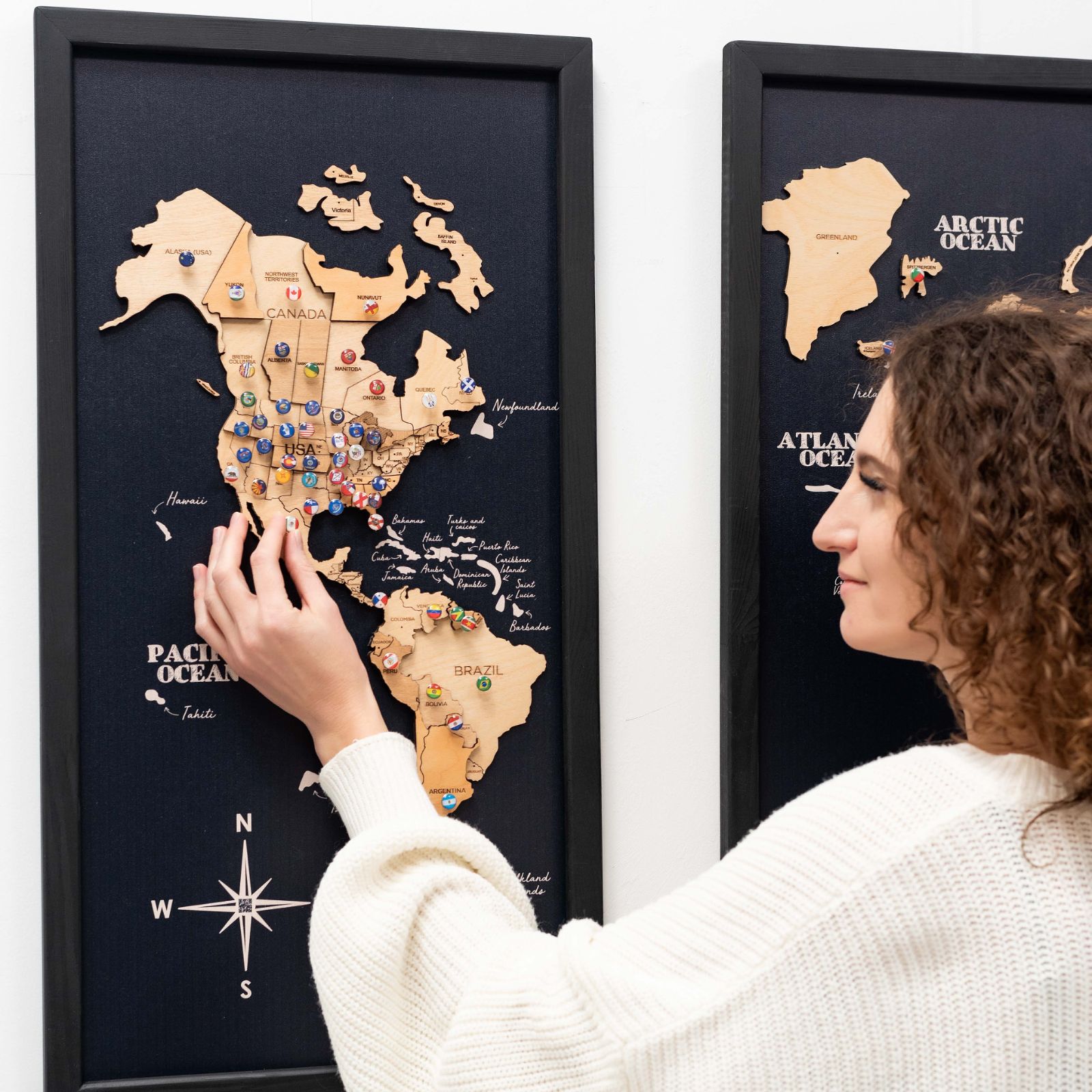 3D Wooden Triptych World Map Gold Wall Art Decor