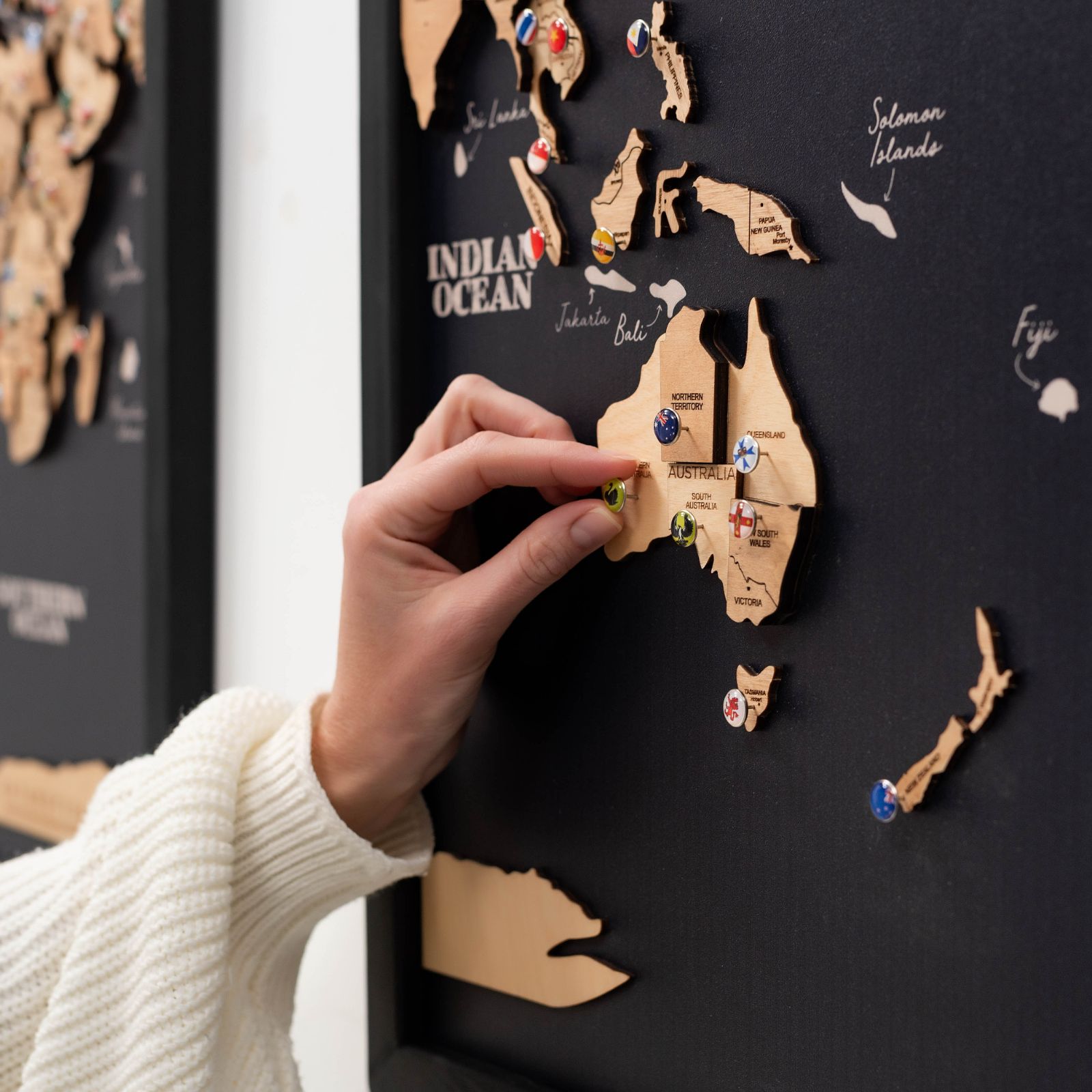 3D Wooden Triptych World Map Gold Wall Art Decor